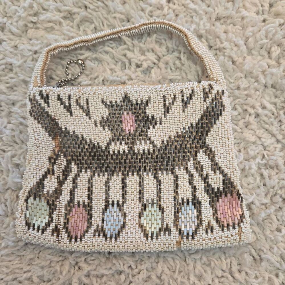 Vintage Czech Beaded Bag Lined Zipper White Microbead 1920s 1930s
